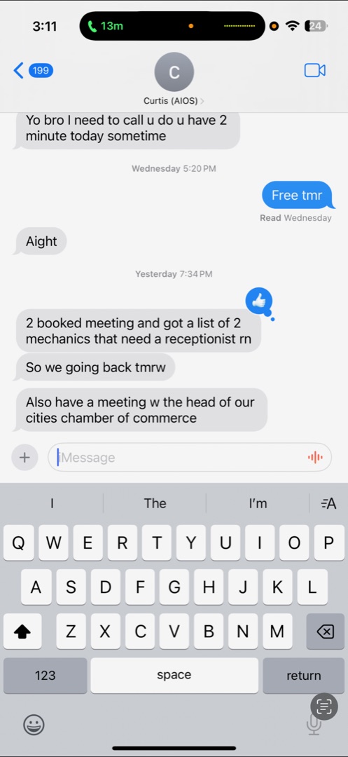 Student message sharing two booked meetings and a chamber of commerce introduction