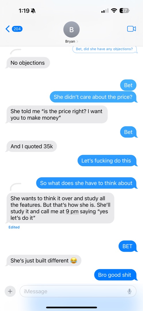 Student text message reporting a $35,000 client agreement